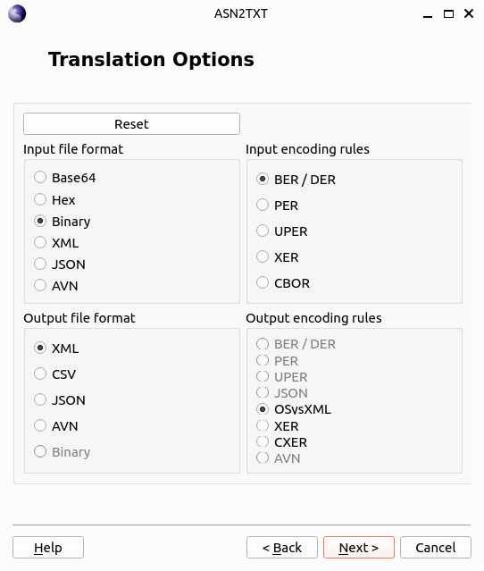 ASN2TXT Translation Options 화면에서 입력 형식과 BER, PER, UPER 등의 인코딩 규칙 및 XML, CSV, JSON 출력 형식을 선택하는 모습